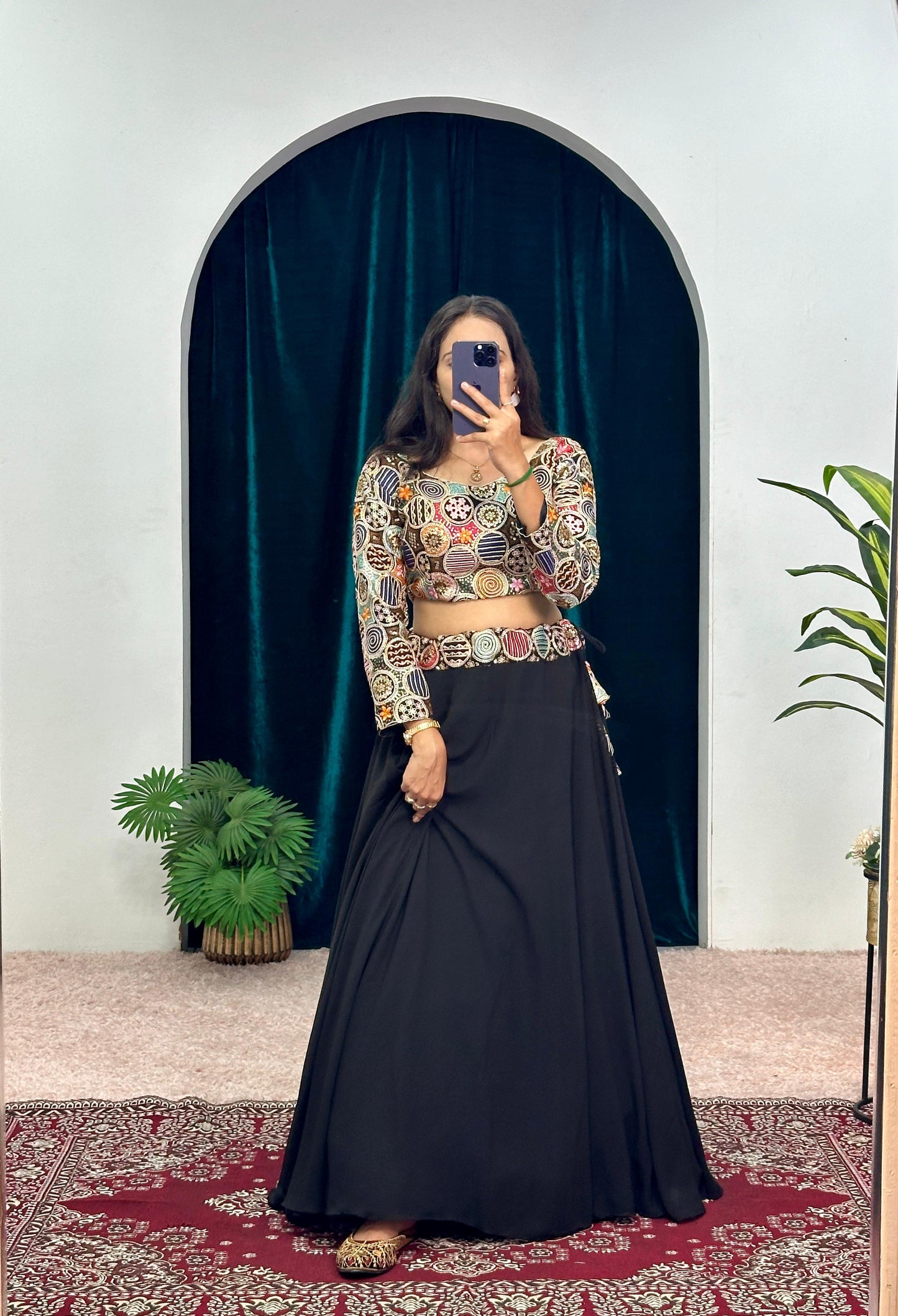 Black lehenga with multicoloured blouse