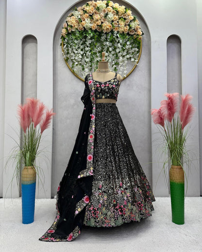 Sparkly black Lehenga with multicoloured thread work..3m flair with can-can