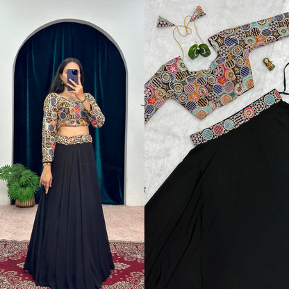 Black lehenga with multicoloured blouse